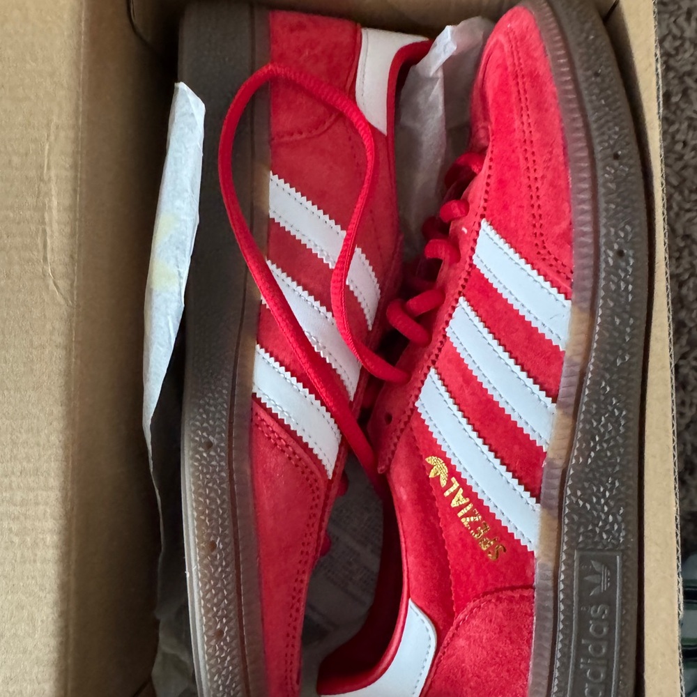 adidas Red Suede Sneakers with White Stripes and Gum Sole